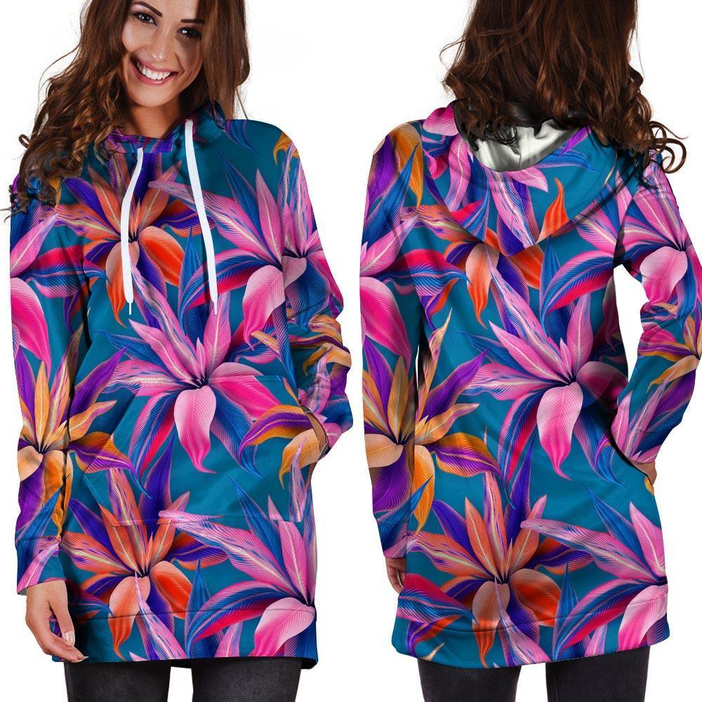 Cordyline Tropical Floral Print Hoodie Dress-grizzshop