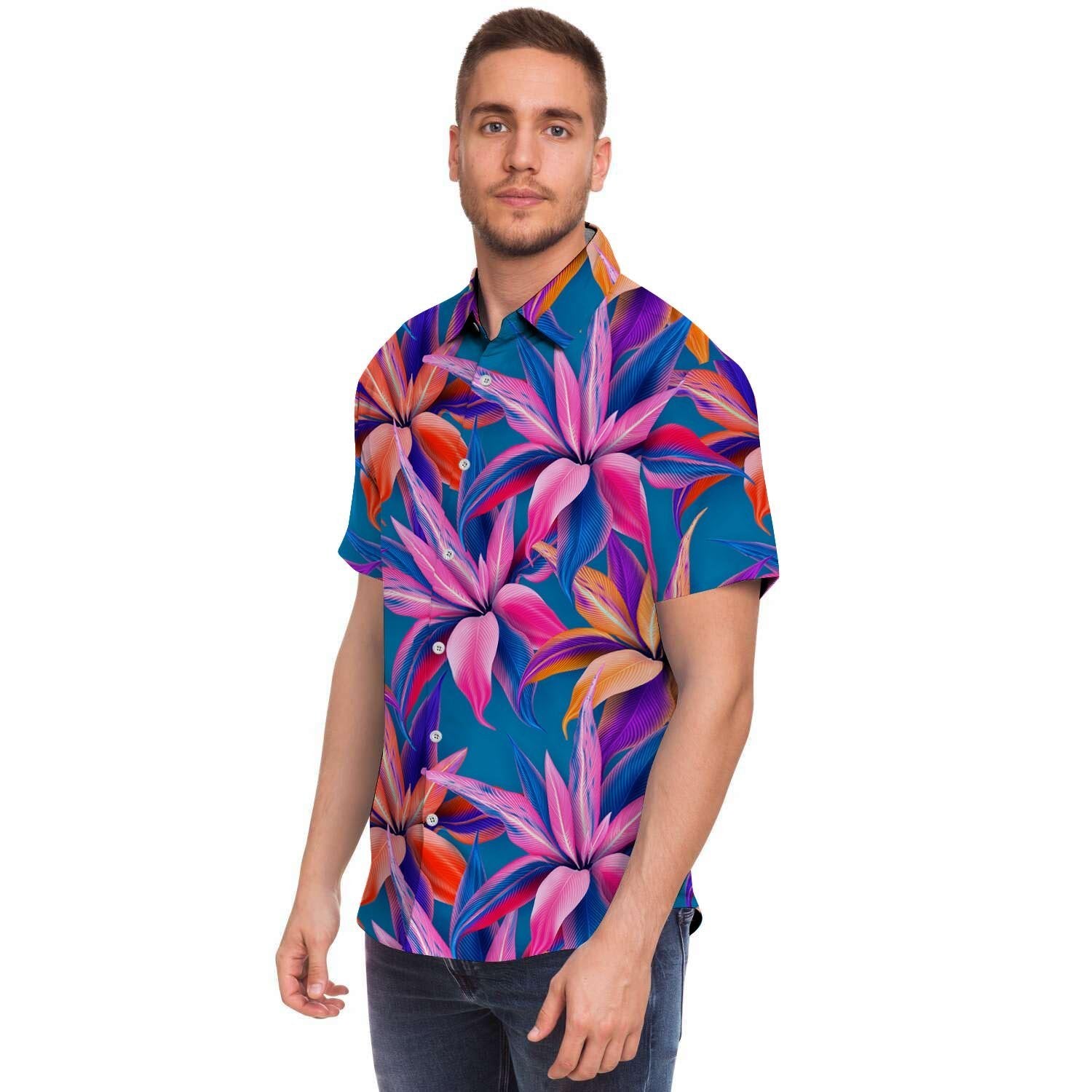 Cordyline Tropical Floral Print Men's Short Sleeve Shirt-grizzshop