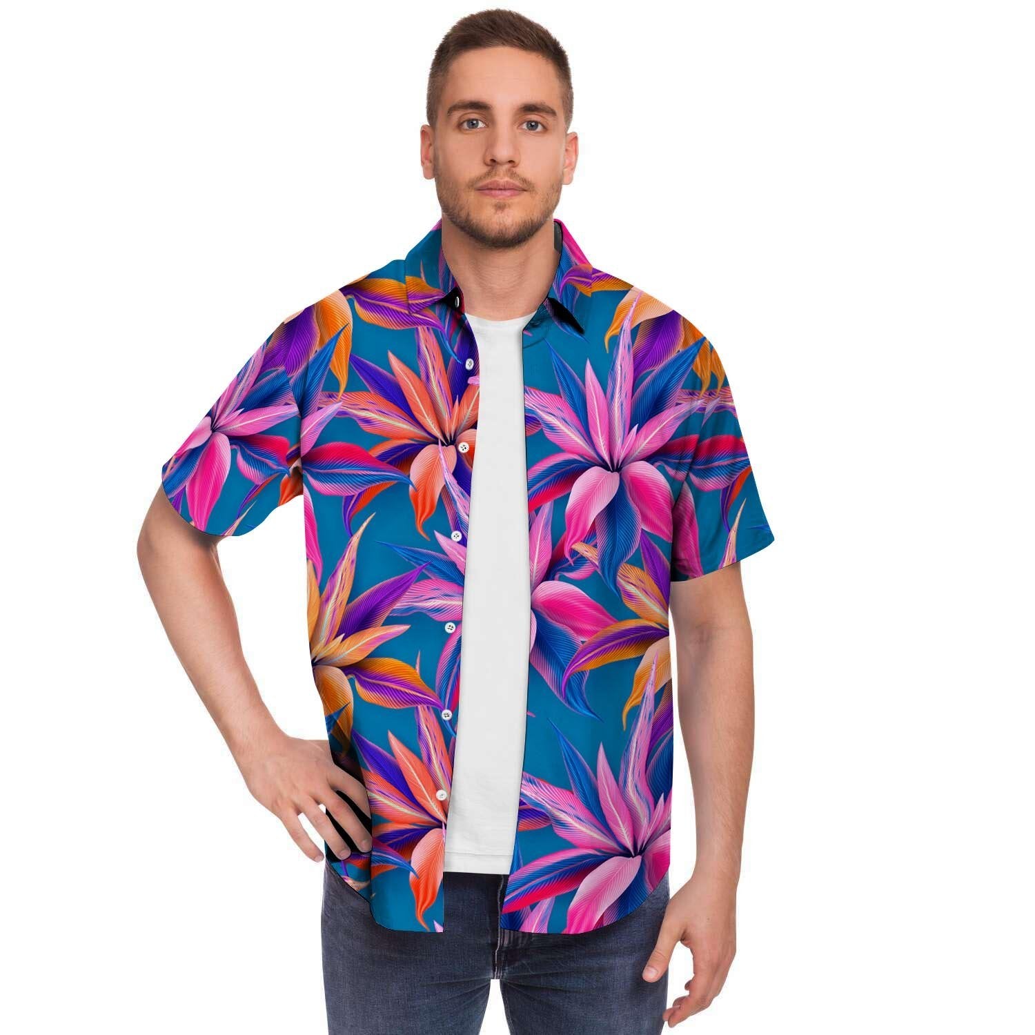 Cordyline Tropical Floral Print Men's Short Sleeve Shirt-grizzshop