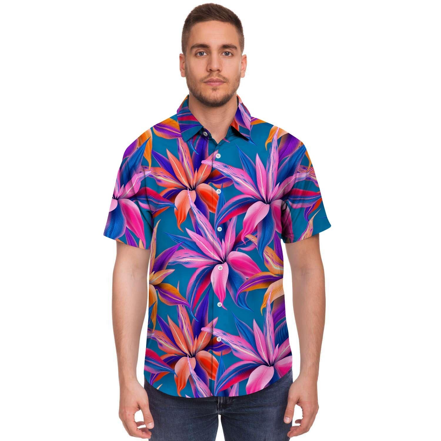 Cordyline Tropical Floral Print Men's Short Sleeve Shirt-grizzshop