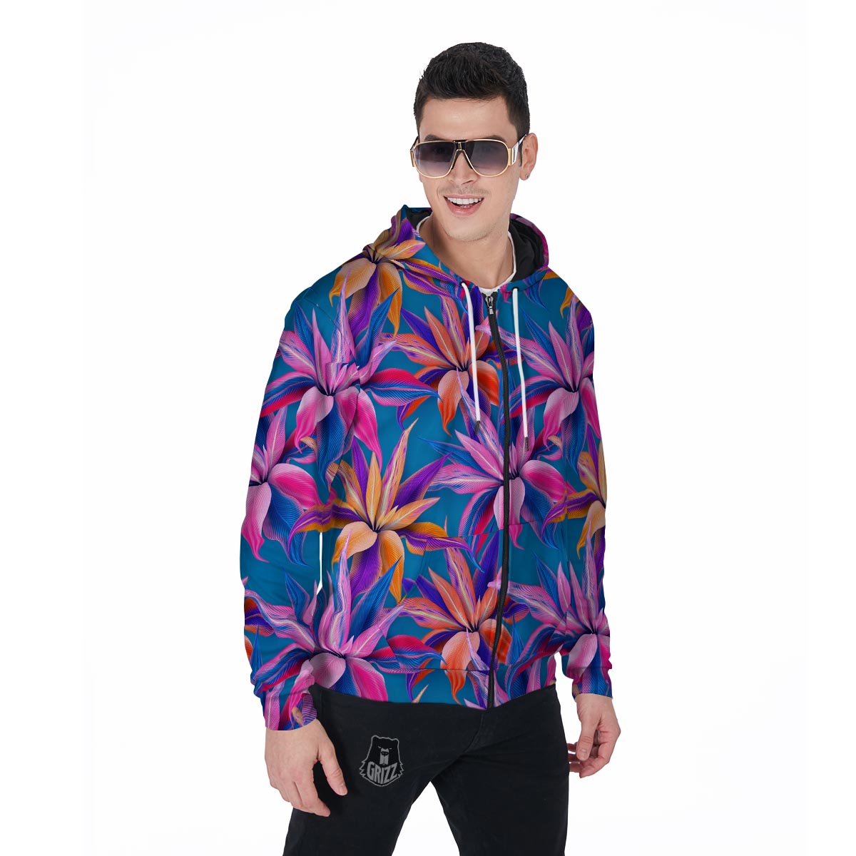 Cordyline Tropical Floral Print Men's Zip Up Hoodie-grizzshop