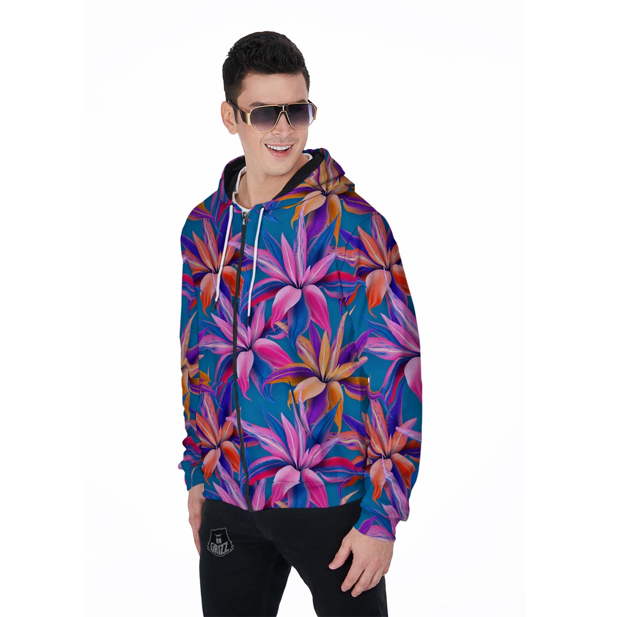 Cordyline Tropical Floral Print Men's Zip Up Hoodie-grizzshop