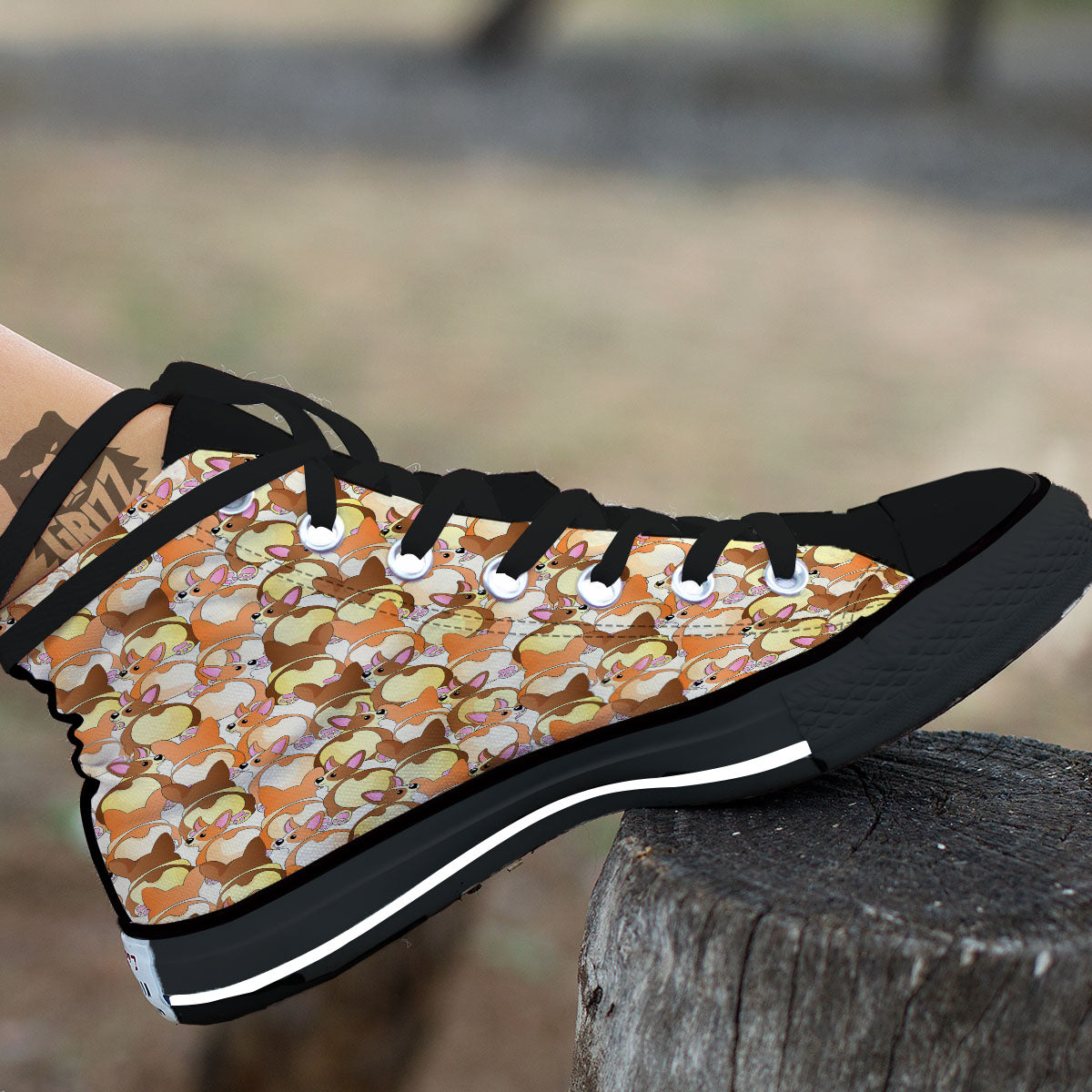 Corgi Butt Print Pattern Black High Top Shoes-grizzshop