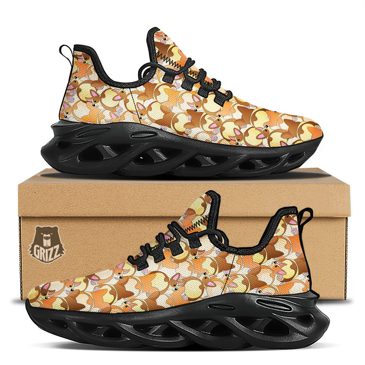Corgi Butt Print Pattern Black Running Shoes-grizzshop