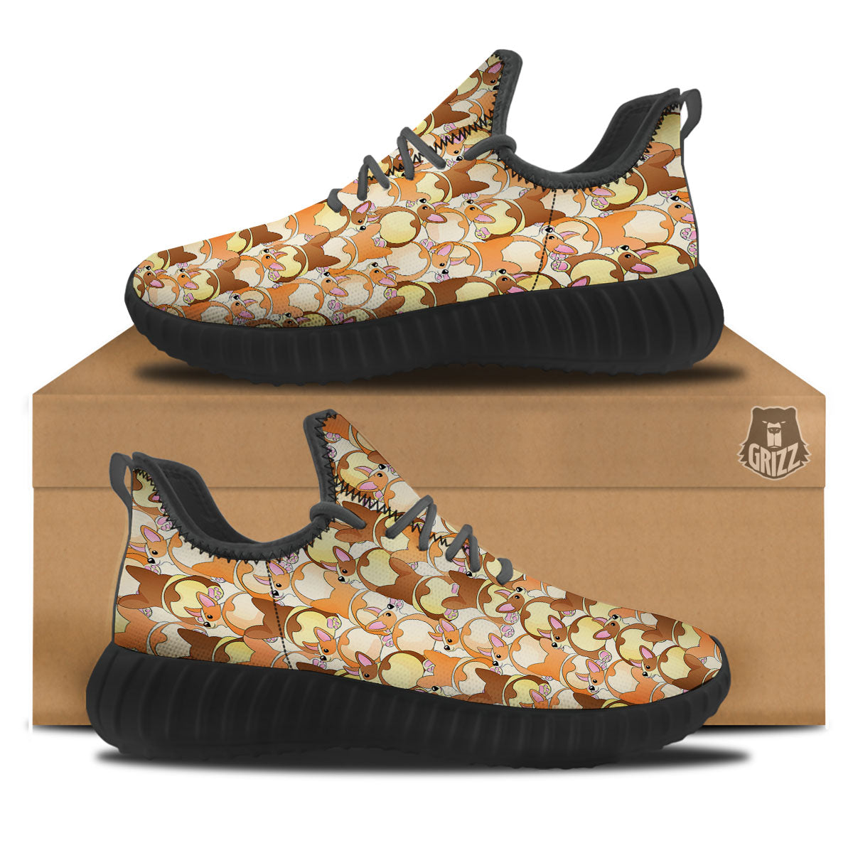 Corgi Butt Print Pattern Black Walking Shoes-grizzshop