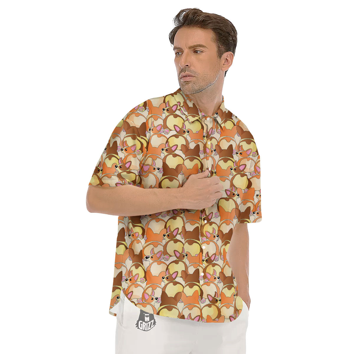 Corgi Butt Print Pattern Men's Short Sleeve Shirts-grizzshop