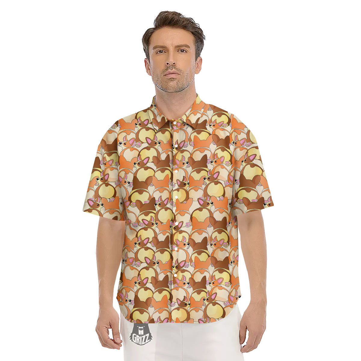 Corgi Butt Print Pattern Men's Short Sleeve Shirts-grizzshop