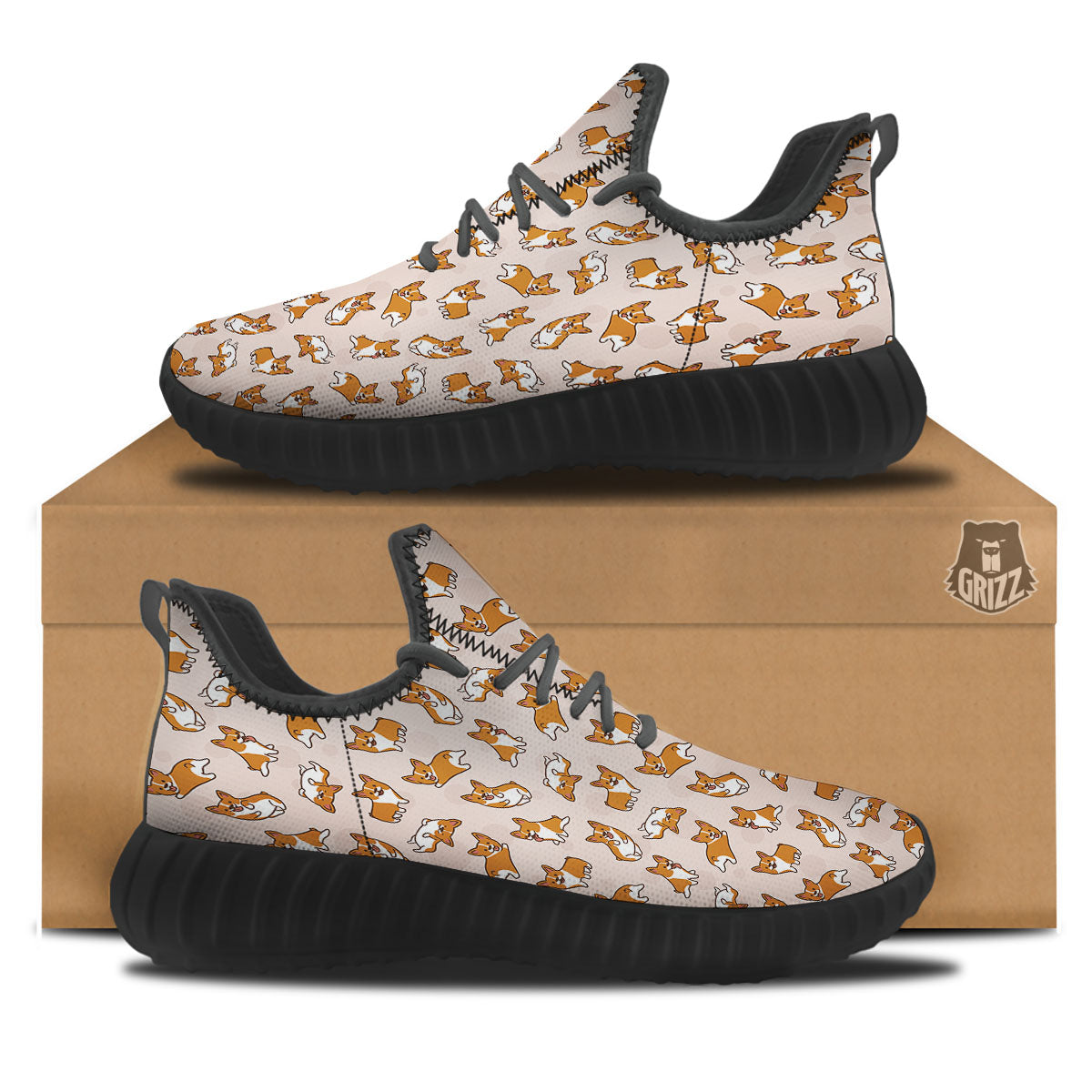 Corgi Cartoon Print Pattern Black Walking Shoes-grizzshop