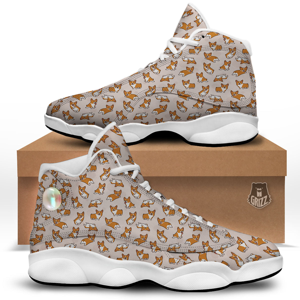 Corgi Cartoon Print Pattern White Basketball Shoes-grizzshop