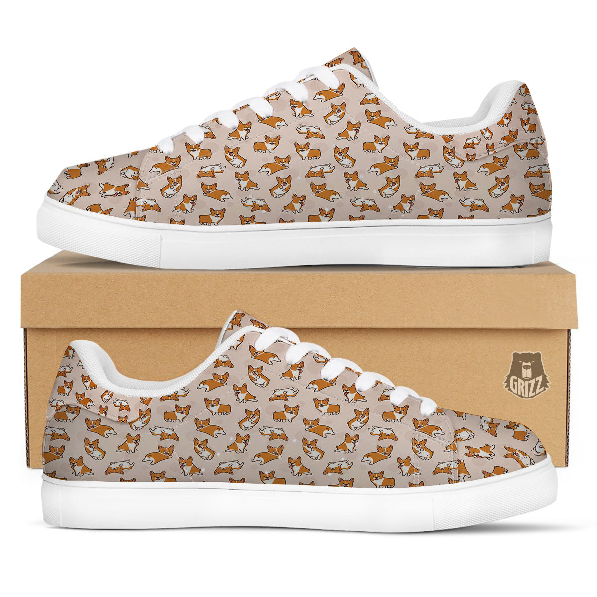 Corgi Cartoon Print Pattern White Low Top Sneakers-grizzshop