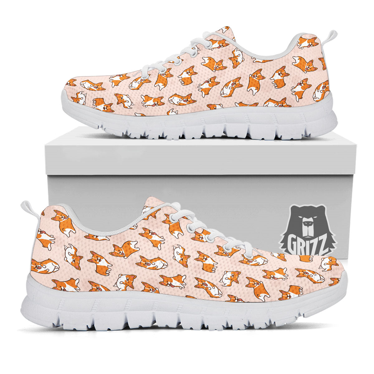 Corgi Cartoon Print Pattern White Sneaker-grizzshop