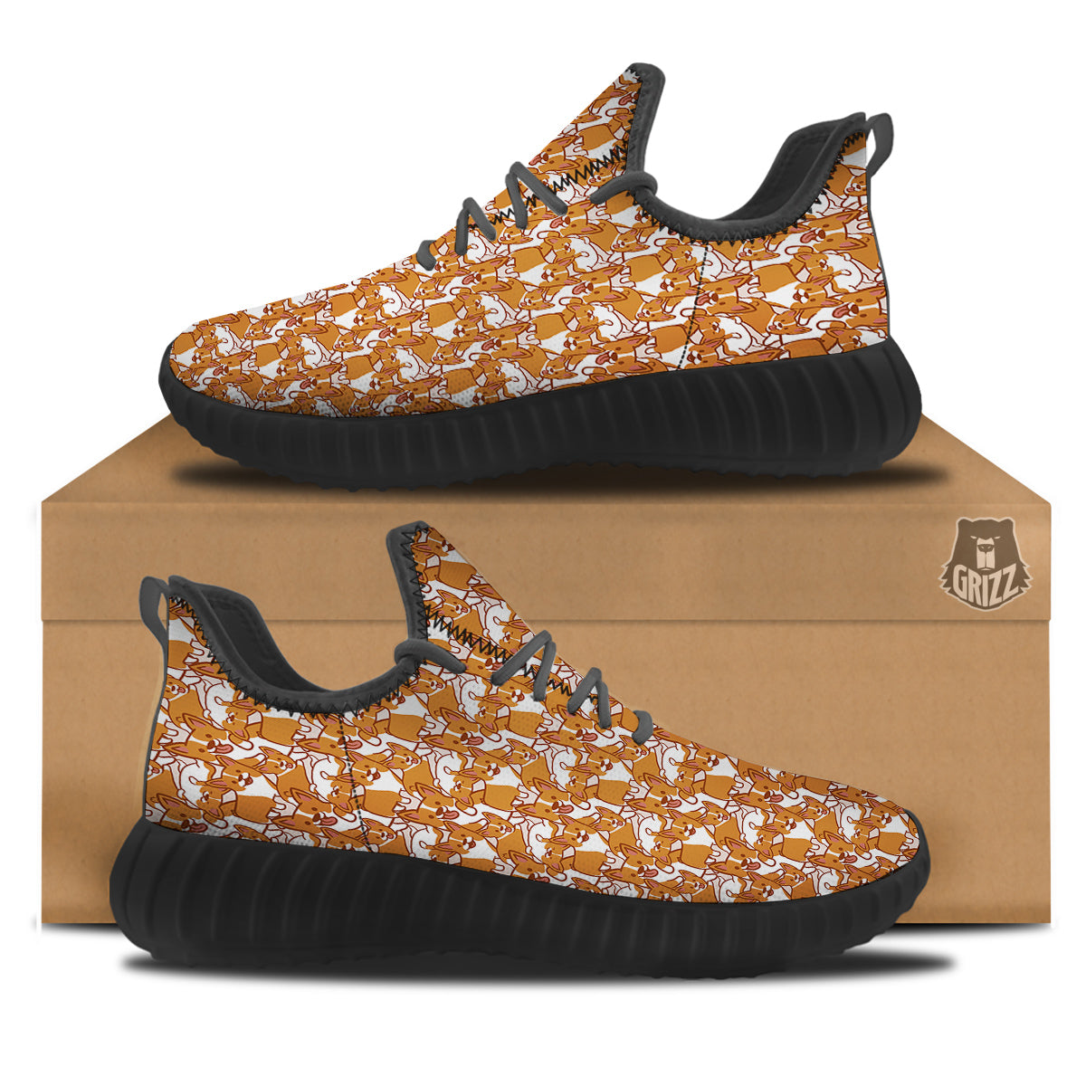 Corgi Cute Print Pattern Black Walking Shoes-grizzshop