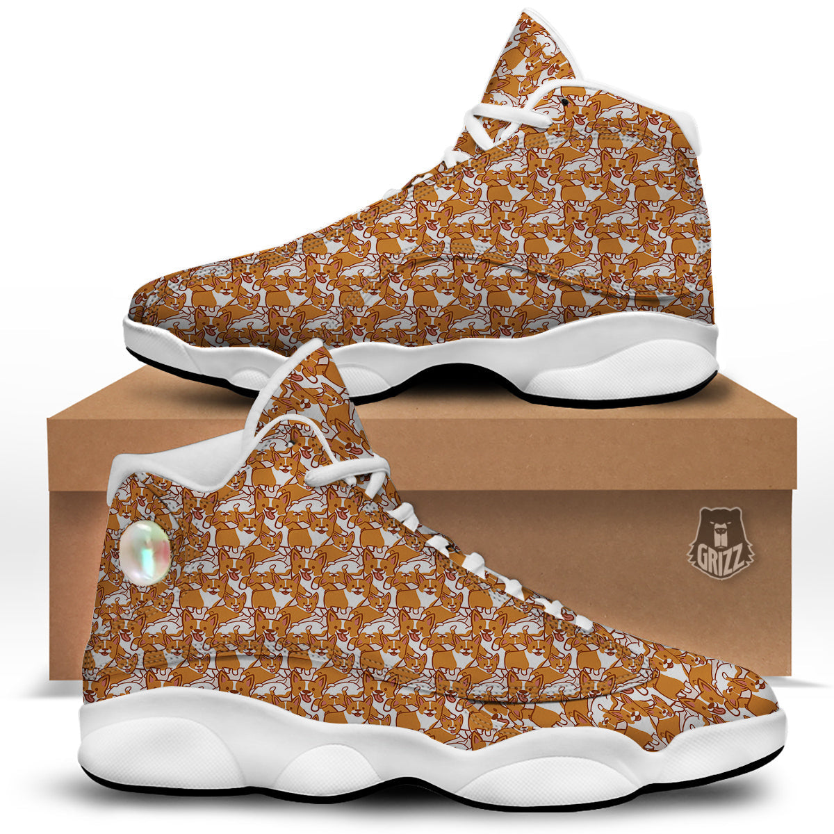 Corgi Cute Print Pattern White Basketball Shoes-grizzshop