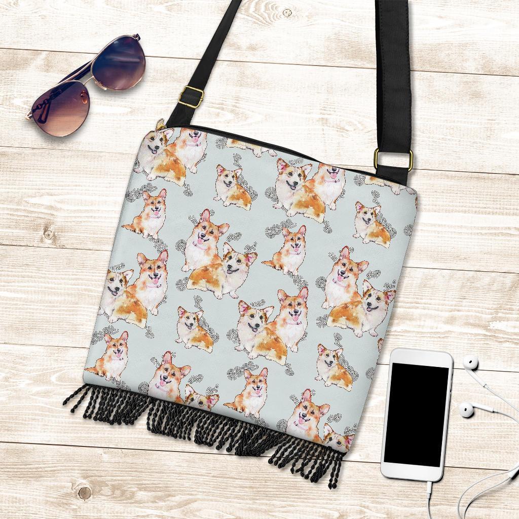 Corgi Gray Pastel Pattern Print Crossbody Bags-grizzshop