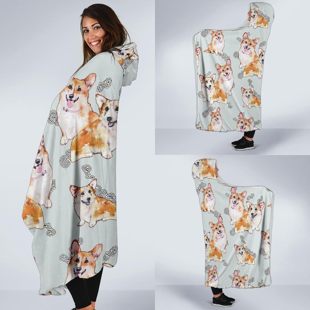 Corgi Gray Pastel Pattern Print Hooded Blanket-grizzshop