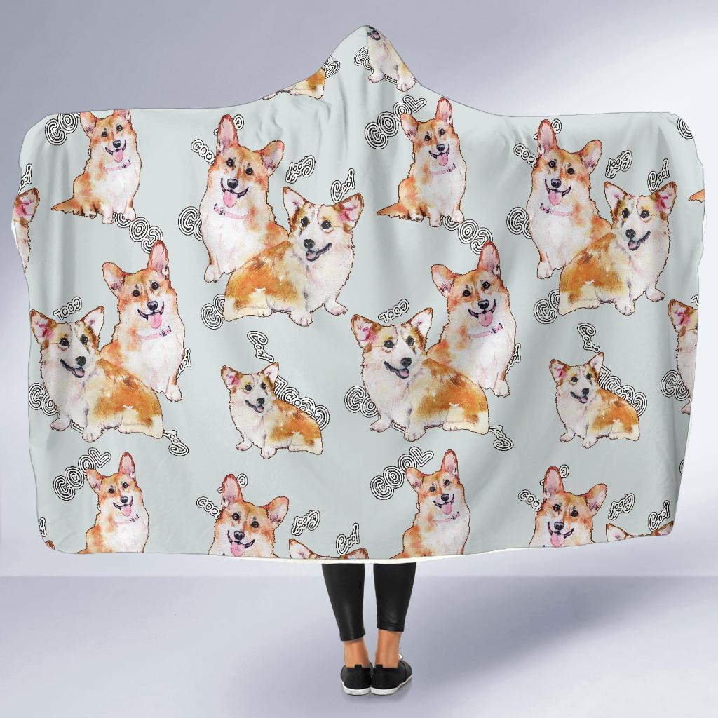 Corgi Gray Pastel Pattern Print Hooded Blanket-grizzshop