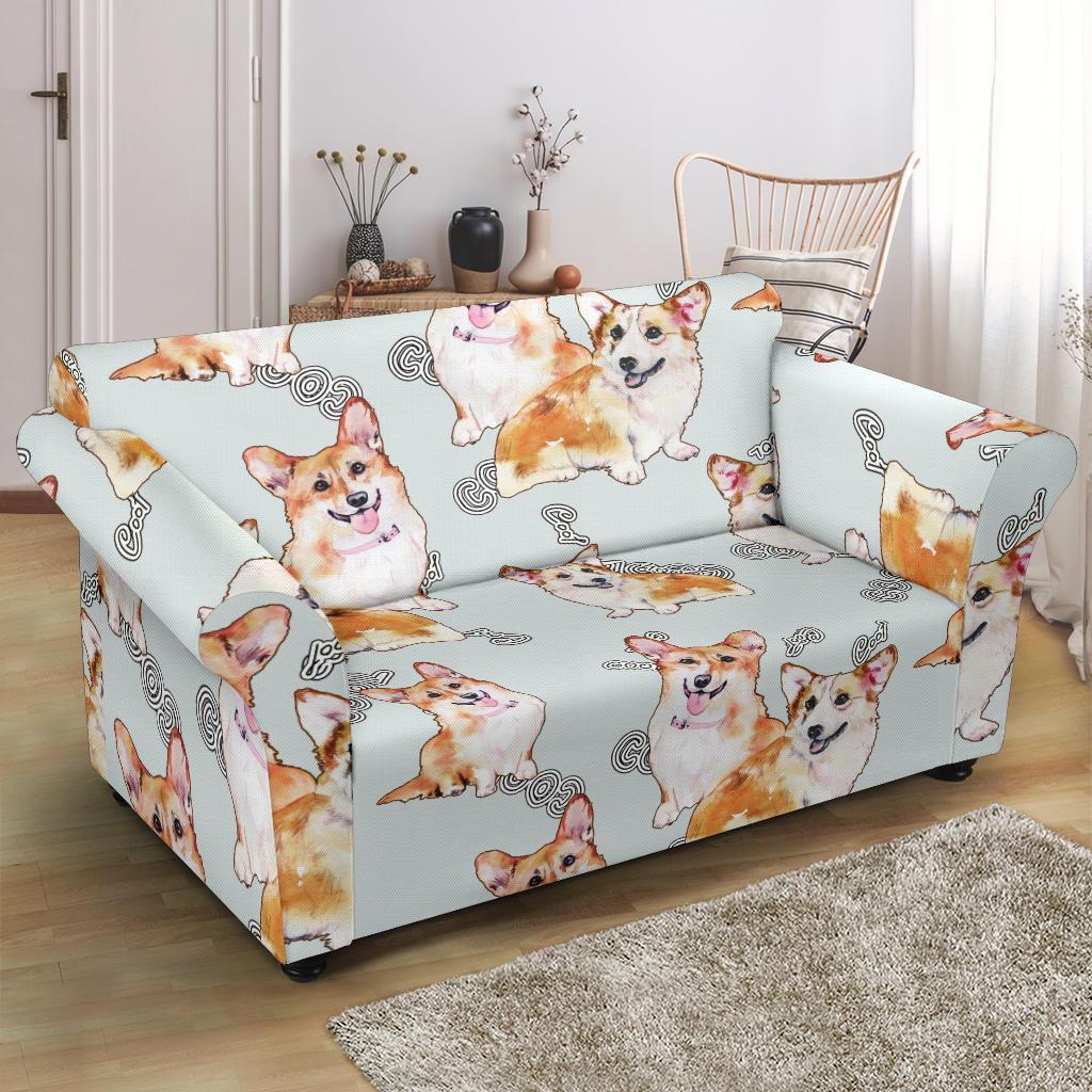 Corgi Gray Pastel Pattern Print Loveseat Cover-grizzshop