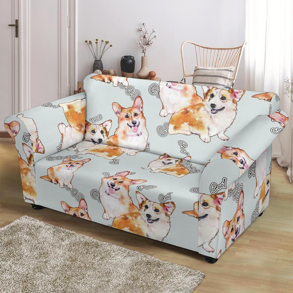 Corgi Gray Pastel Pattern Print Loveseat Cover-grizzshop