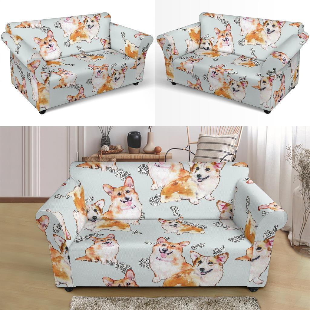 Corgi Gray Pastel Pattern Print Loveseat Cover-grizzshop