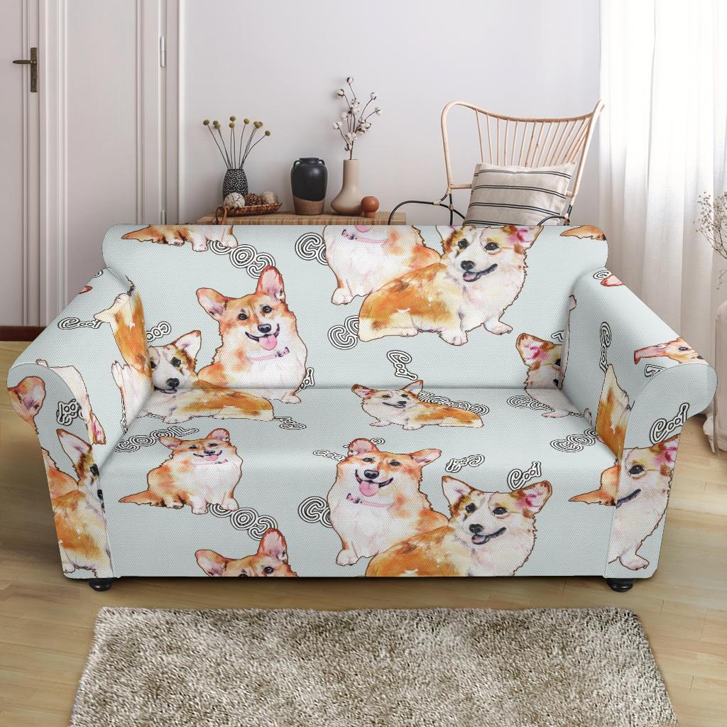 Corgi Gray Pastel Pattern Print Loveseat Cover-grizzshop