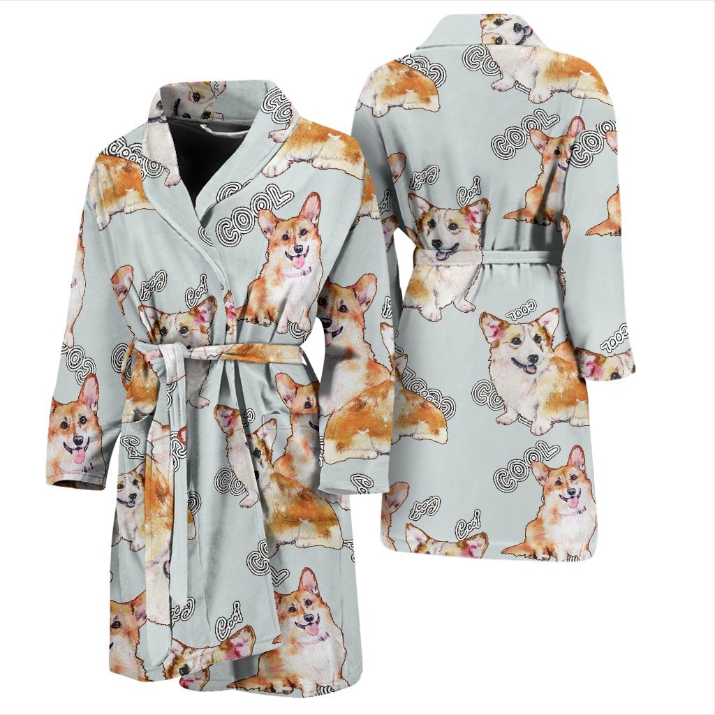 Corgi Gray Pastel Pattern Print Men Long Robe-grizzshop