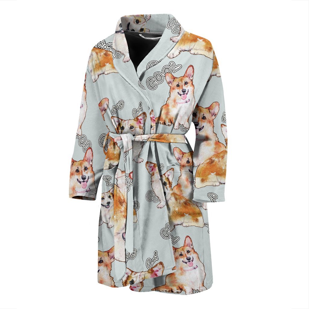 Corgi Gray Pastel Pattern Print Men Long Robe-grizzshop