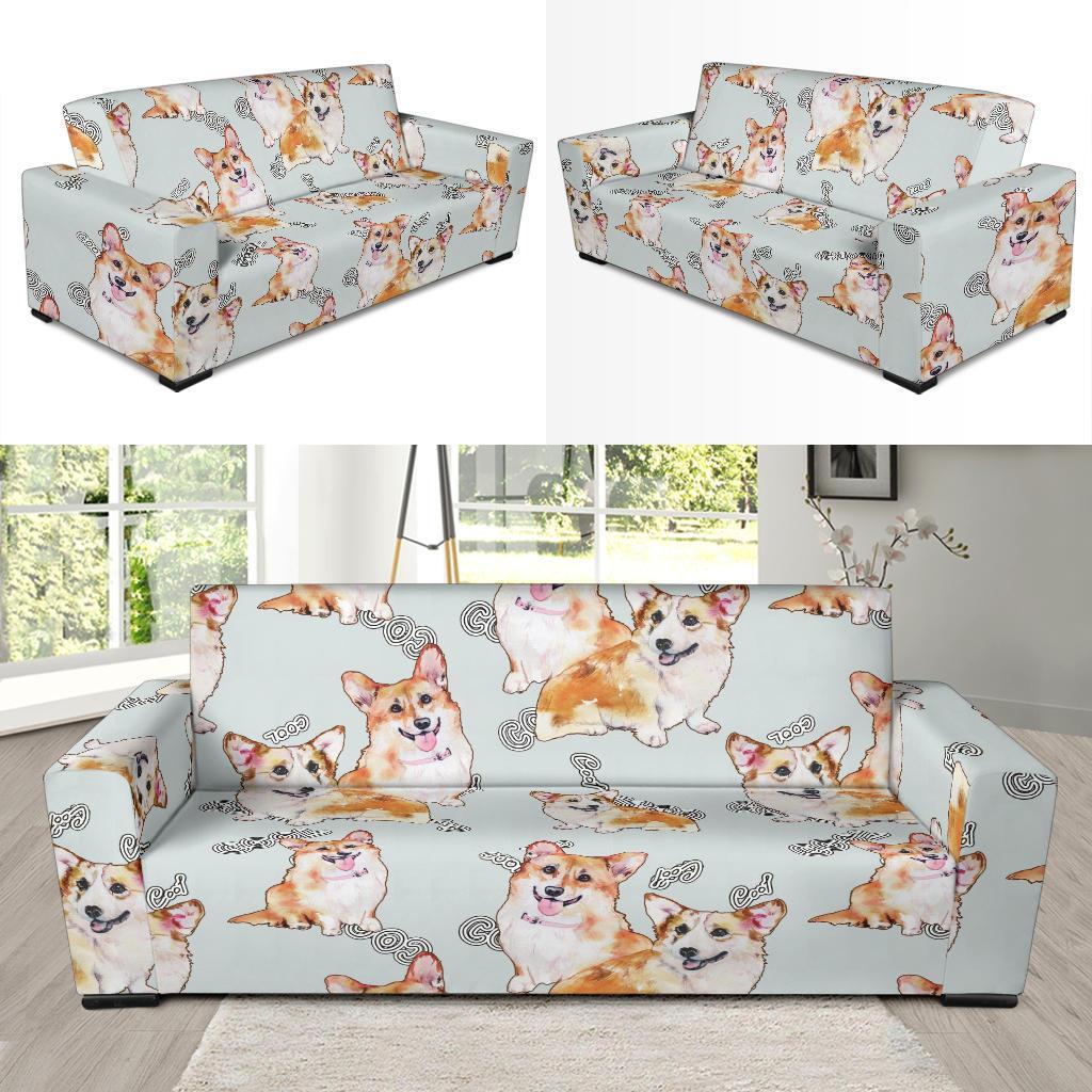 Corgi Gray Pastel Pattern Print Sofa Covers-grizzshop