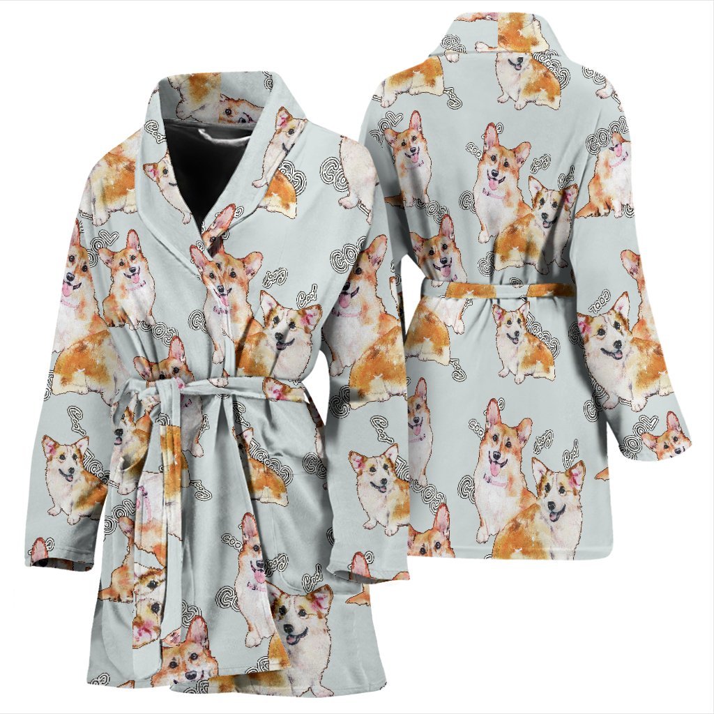 Corgi Gray Pastel Pattern Print Women Long Robe-grizzshop