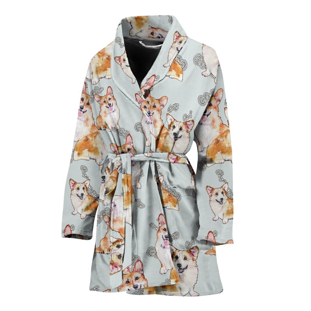 Corgi Gray Pastel Pattern Print Women Long Robe-grizzshop