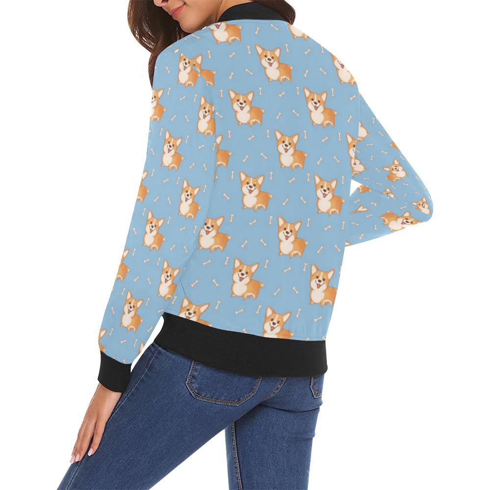Corgi Pattern Print Women Casual Bomber Jacket-grizzshop