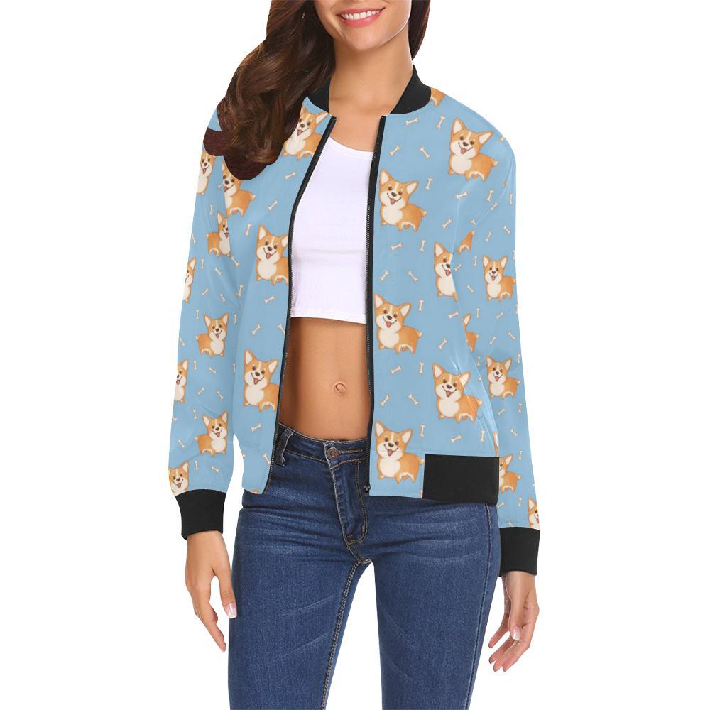 Corgi Pattern Print Women Casual Bomber Jacket-grizzshop