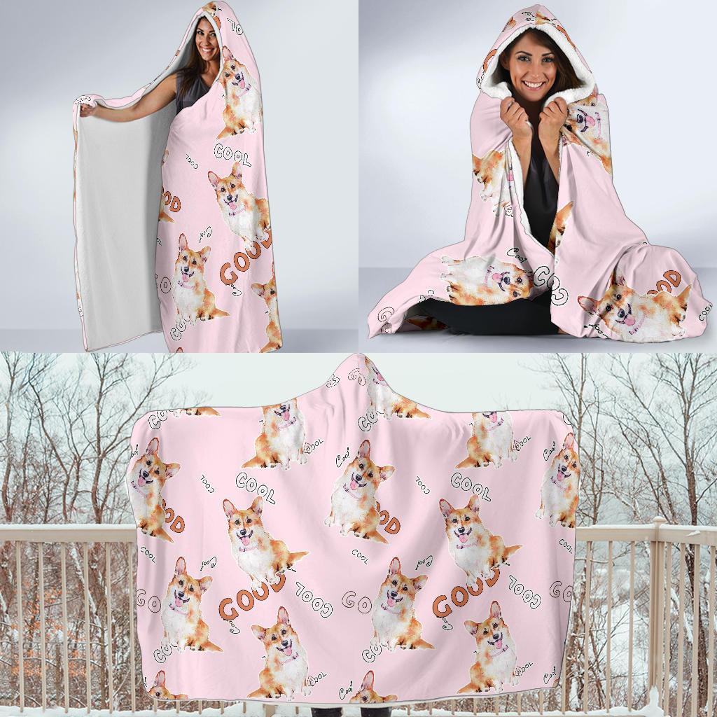 Corgi Pink Pastel Pattern Print Hooded Blanket-grizzshop
