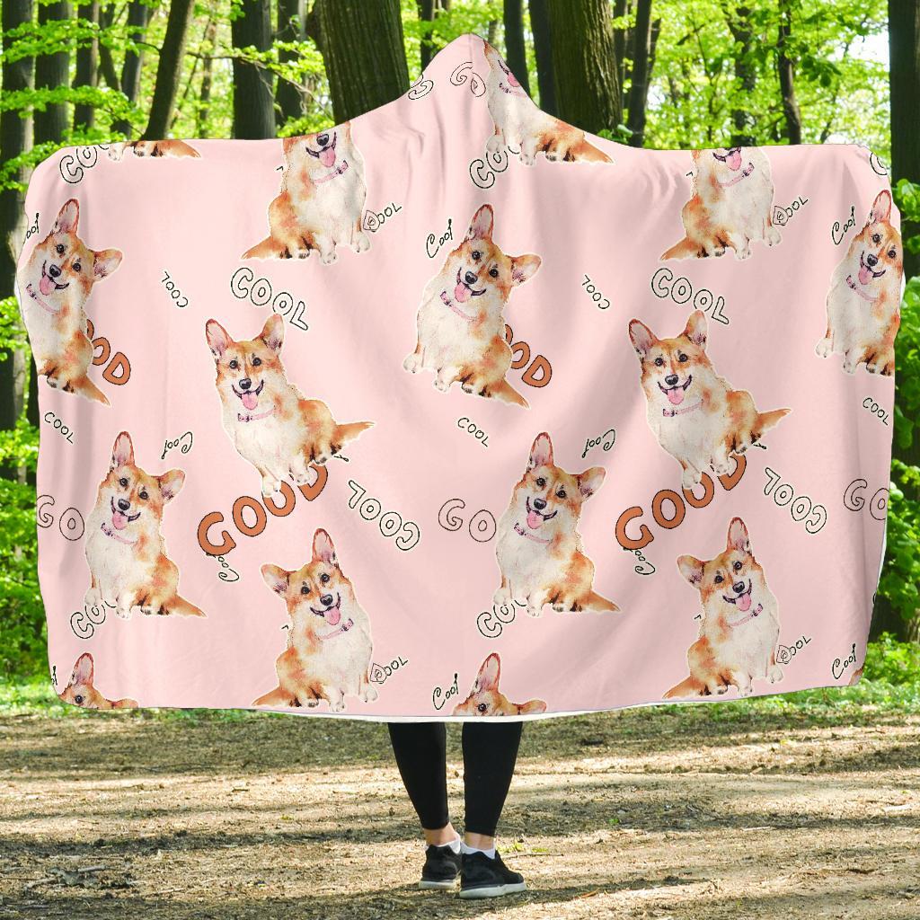Corgi Pink Pastel Pattern Print Hooded Blanket-grizzshop