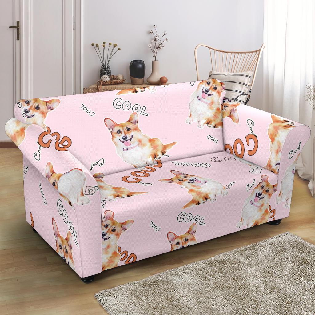 Corgi Pink Pastel Pattern Print Loveseat Cover-grizzshop