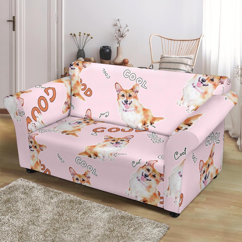 Corgi Pink Pastel Pattern Print Loveseat Cover-grizzshop