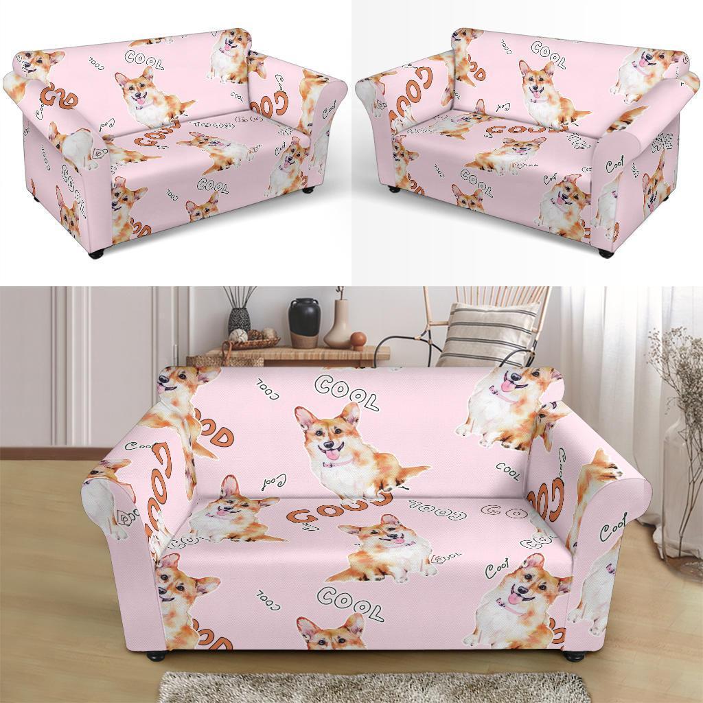 Corgi Pink Pastel Pattern Print Loveseat Cover-grizzshop