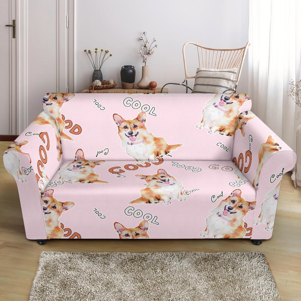 Corgi Pink Pastel Pattern Print Loveseat Cover-grizzshop