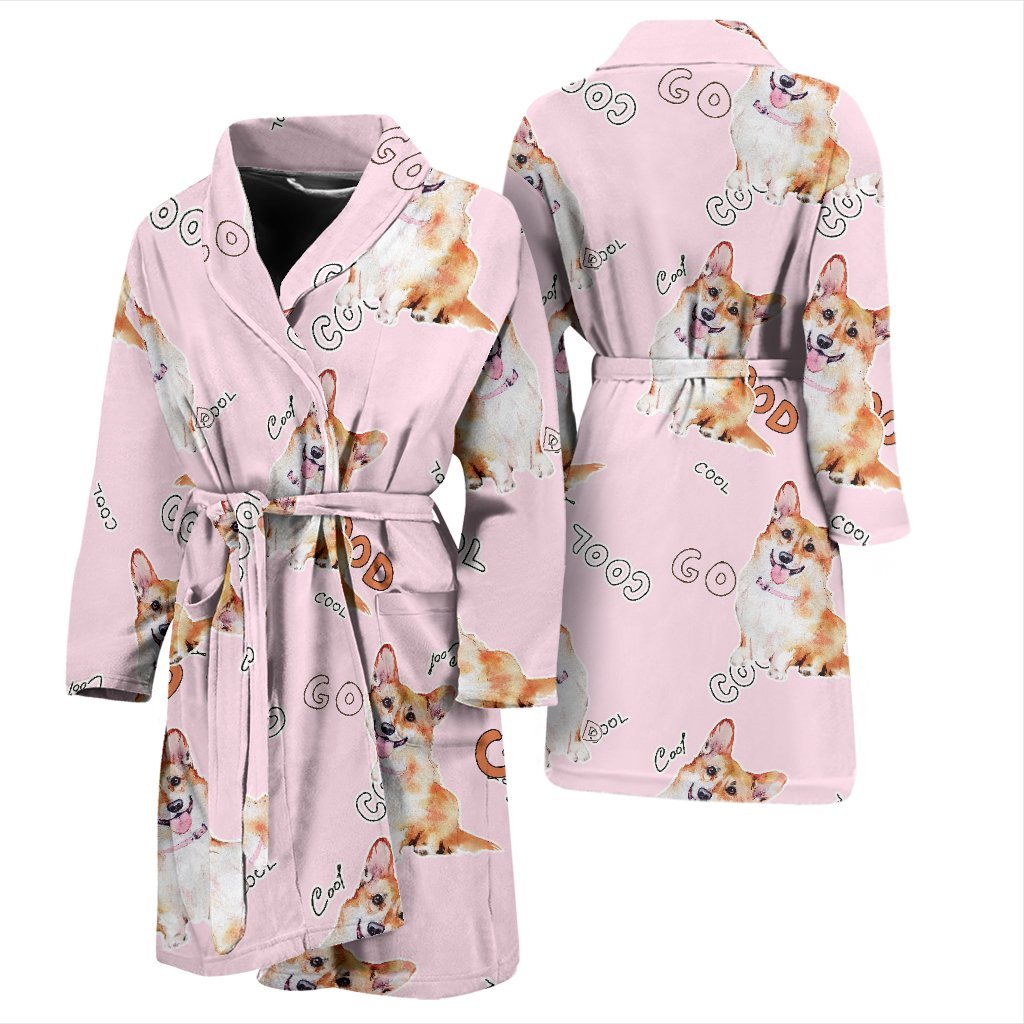 Corgi Pink Pastel Pattern Print Men Long Robe-grizzshop