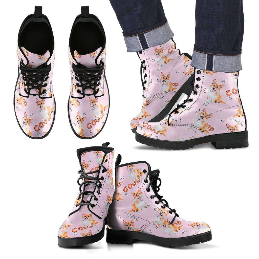 Corgi Pink Pastel Pattern Print Men Women Leather Boots-grizzshop