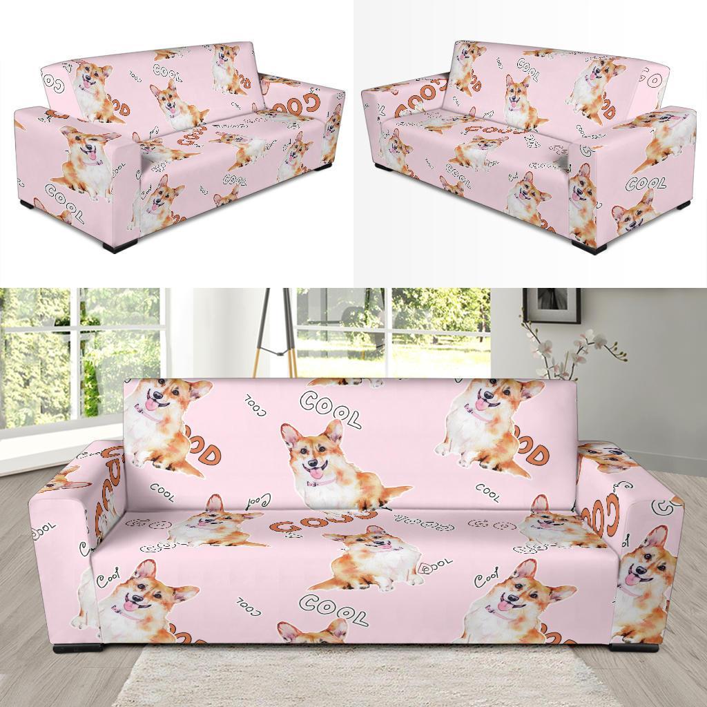 Corgi Pink Pastel Pattern Print Sofa Covers-grizzshop