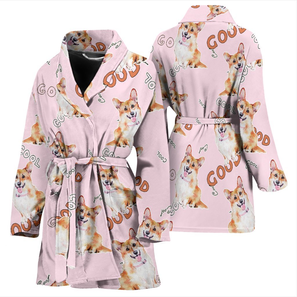 Corgi Pink Pastel Pattern Print Women Long Robe-grizzshop