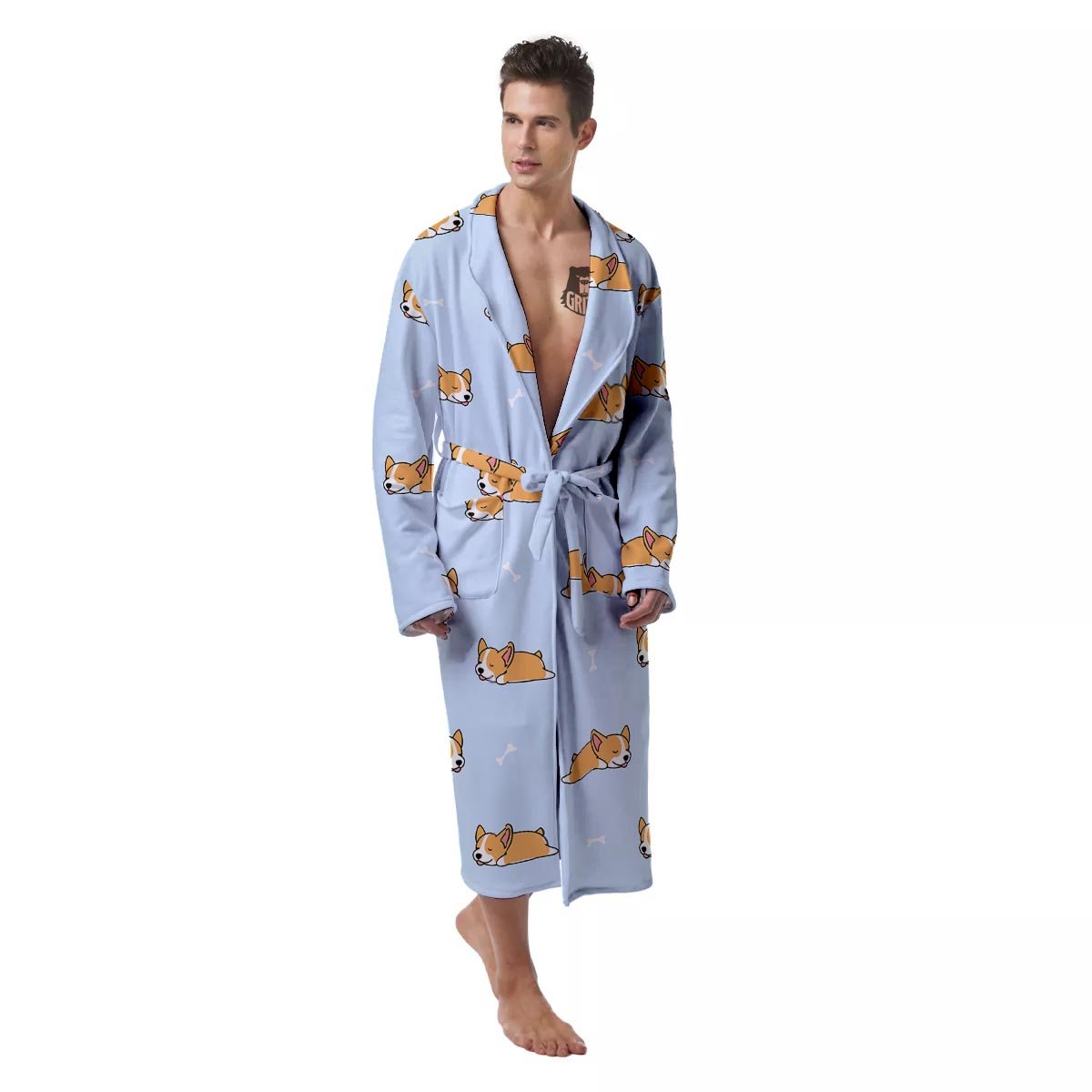 Corgi Sleeping Print Pattern Men's Robe-grizzshop