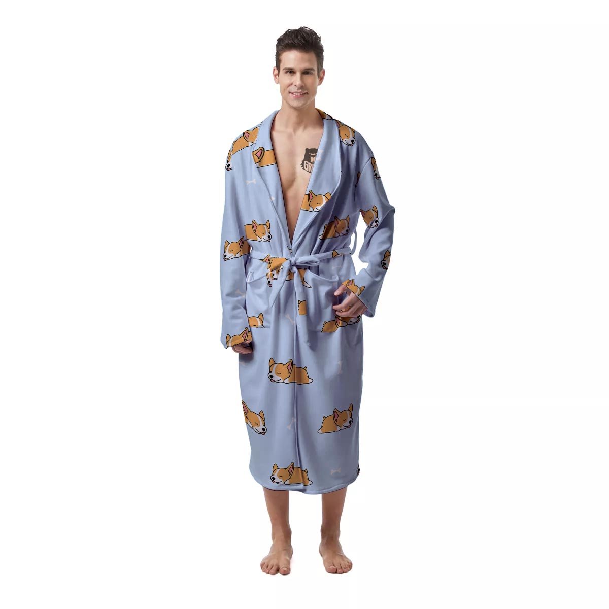 Corgi Sleeping Print Pattern Men's Robe-grizzshop