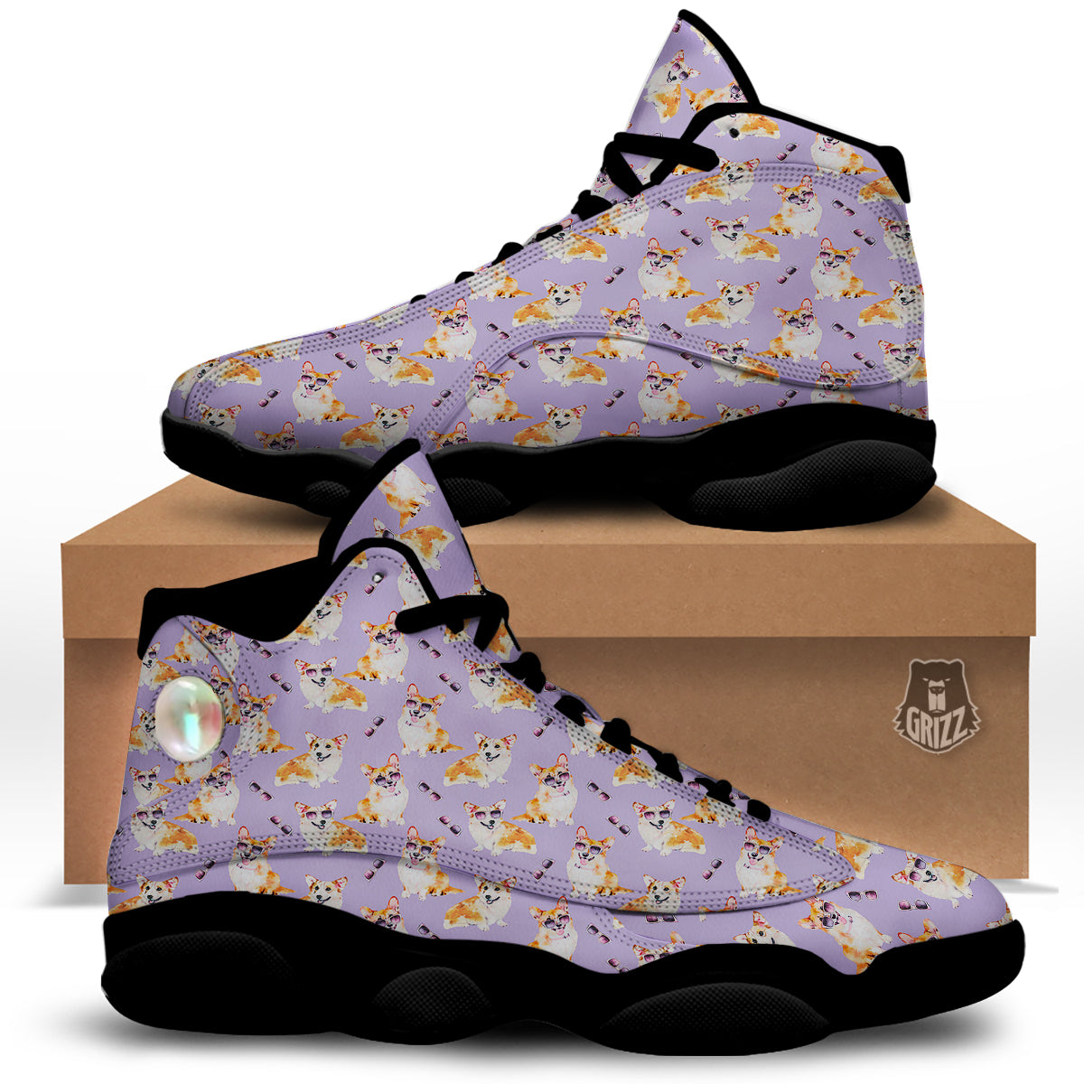 Corgi Watercolor Print Pattern Black Basketball Shoes-grizzshop