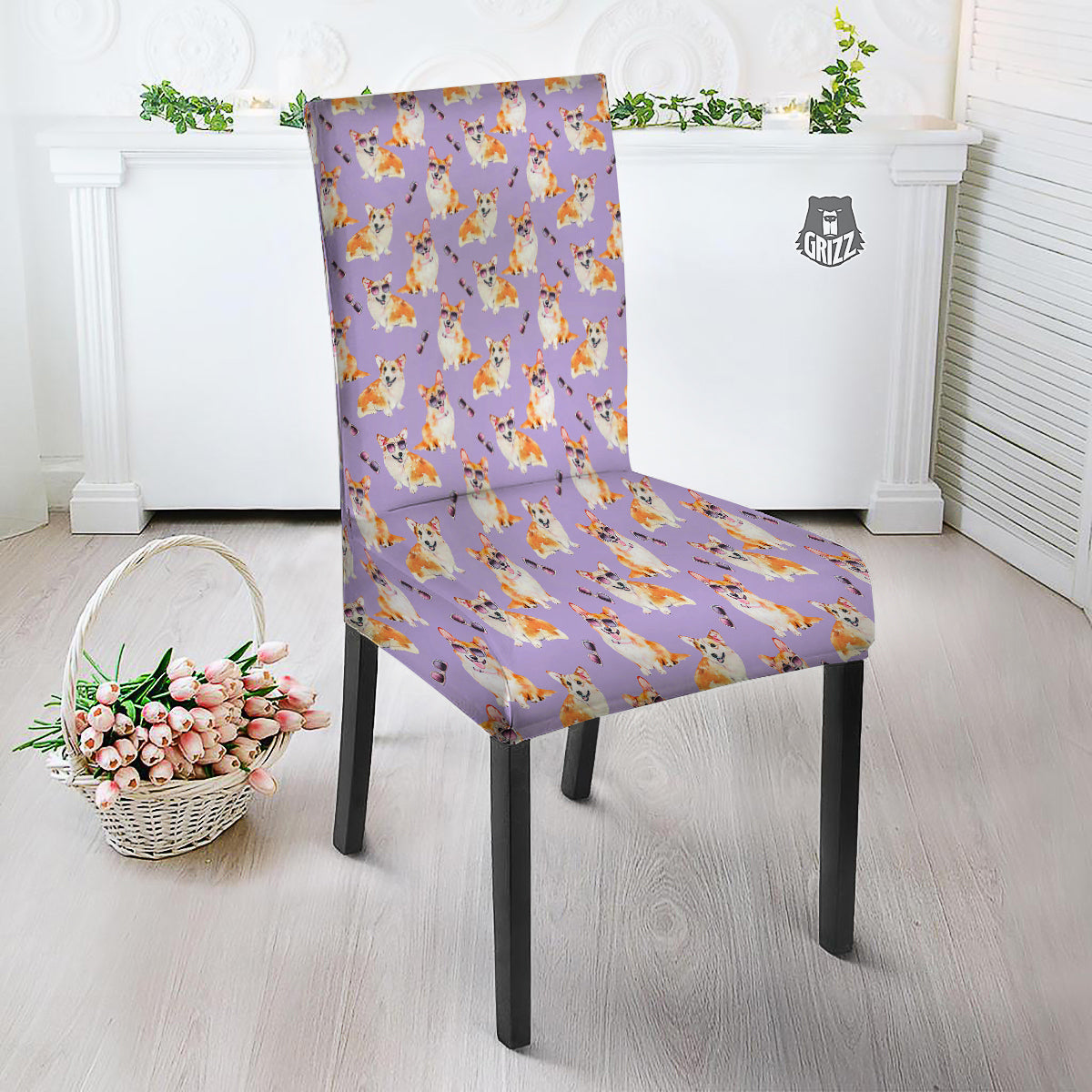 Corgi Watercolor Print Pattern Dining Chair Slipcover-grizzshop