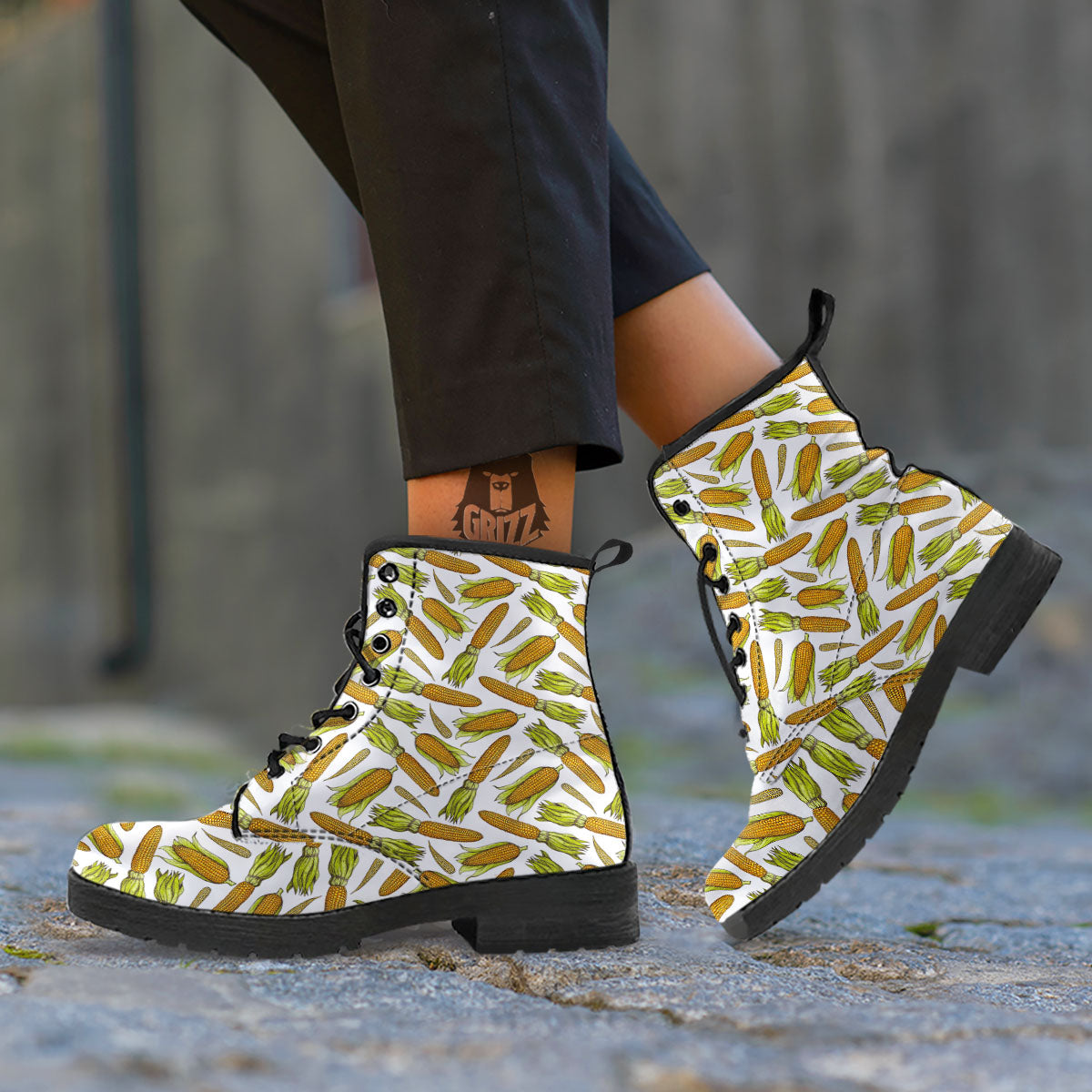 Corncob Hand-Drawn Print Pattern Leather Boots-grizzshop