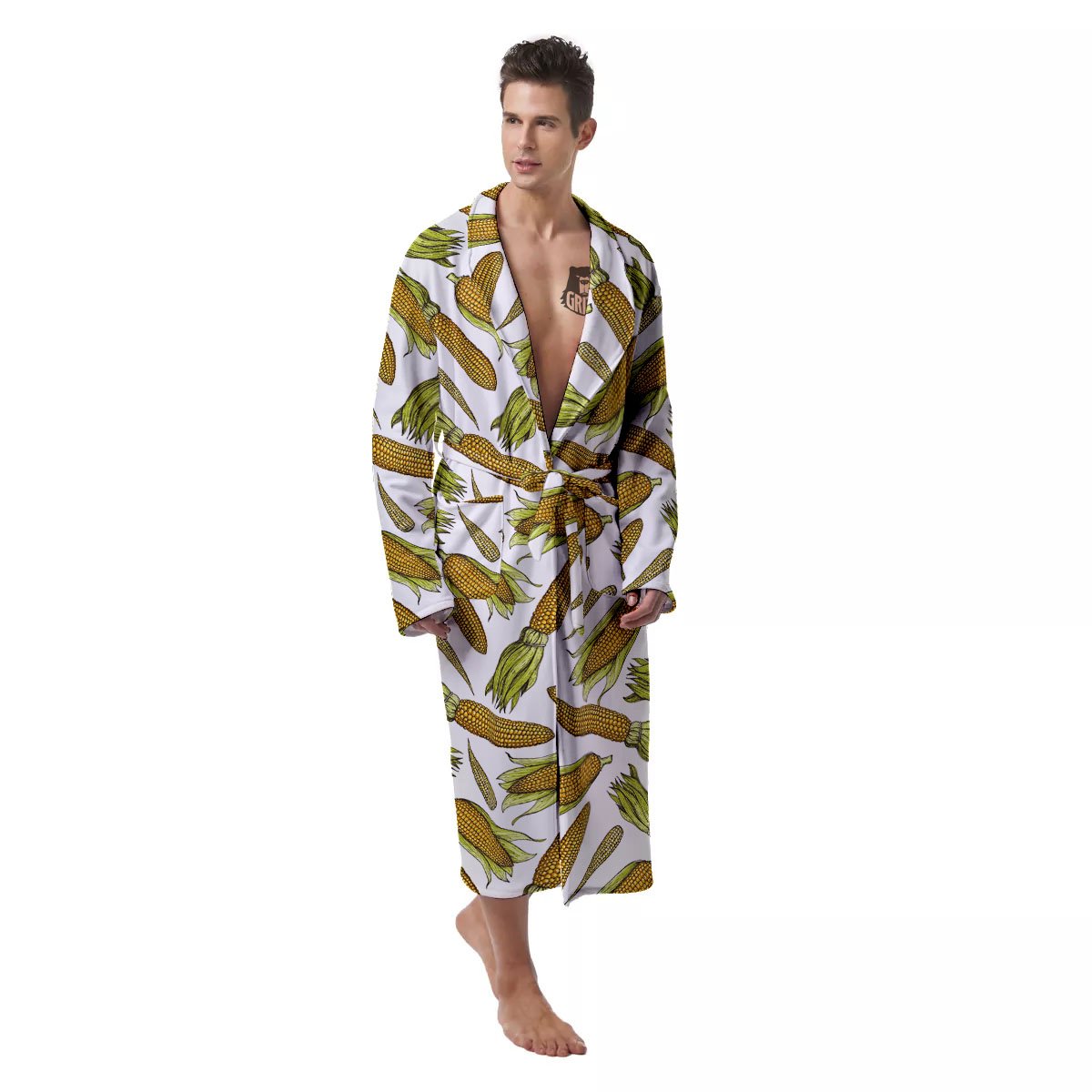 Corncob Hand-Drawn Print Pattern Men's Robe-grizzshop