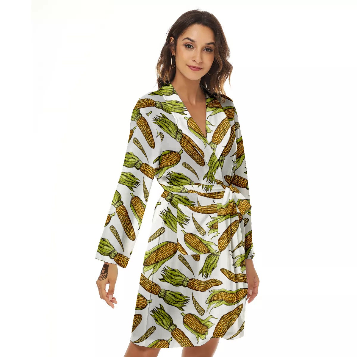 Corncob Hand-Drawn Print Pattern Women's Robe-grizzshop