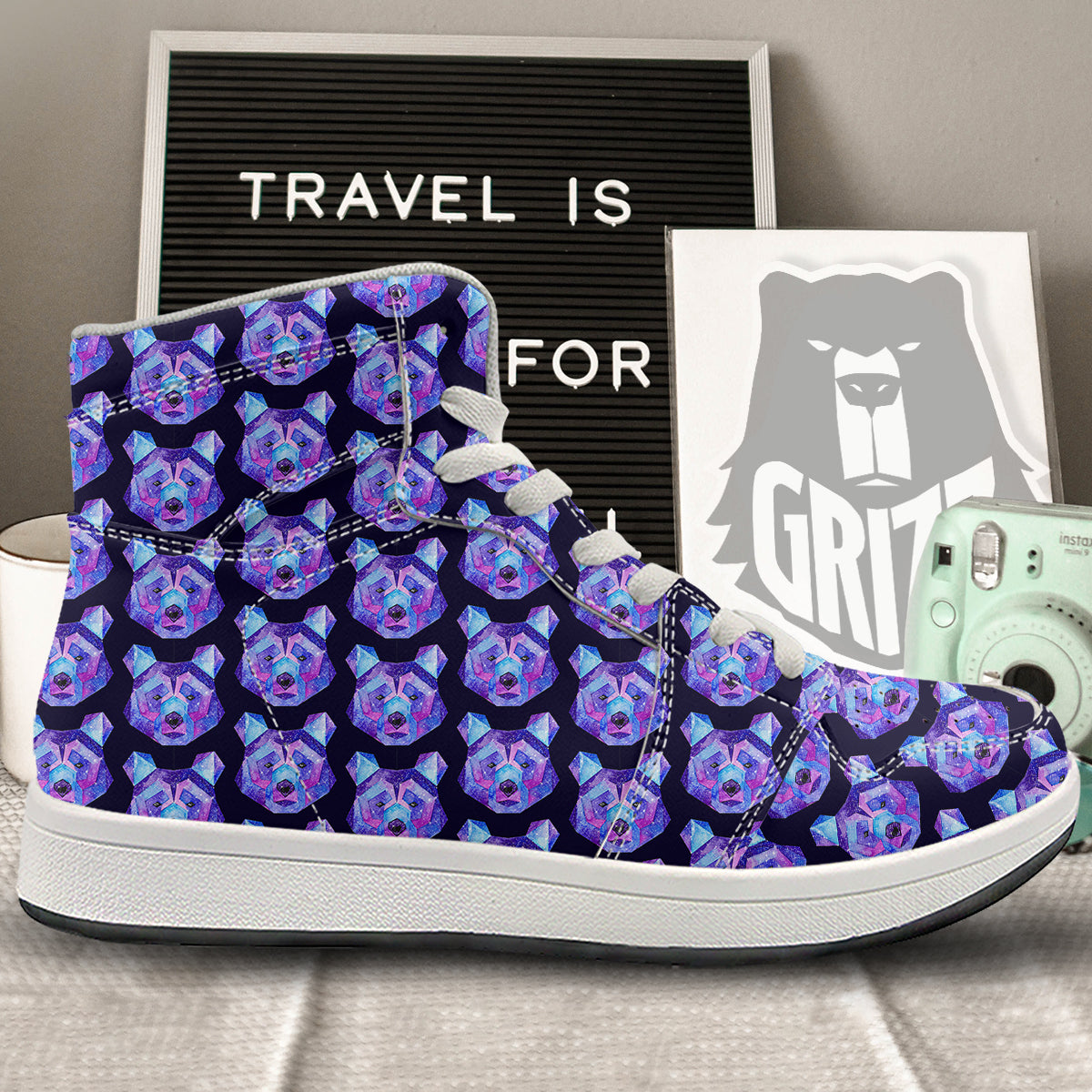 Cosmic Polygonal Bear Print Pattern High Top Sneakers-grizzshop