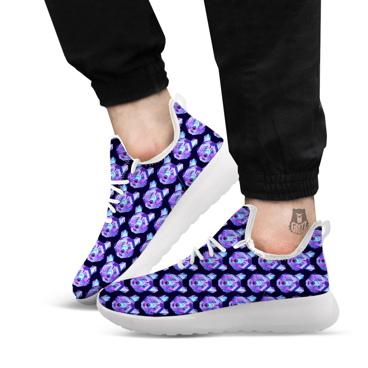 Cosmic Polygonal Bear Print Pattern White Athletic Shoes-grizzshop